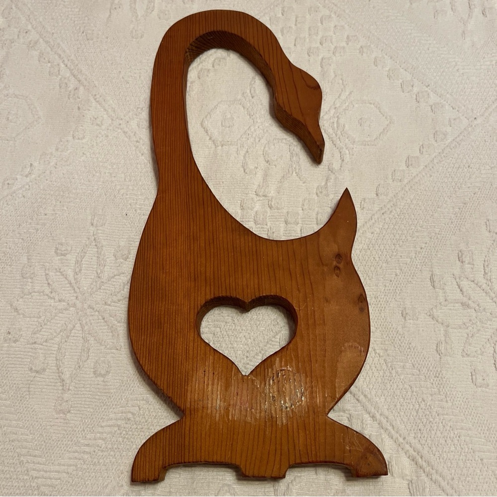Vintage 1980’s Granny Decor Wooden Goose Carved Heart 14.5”